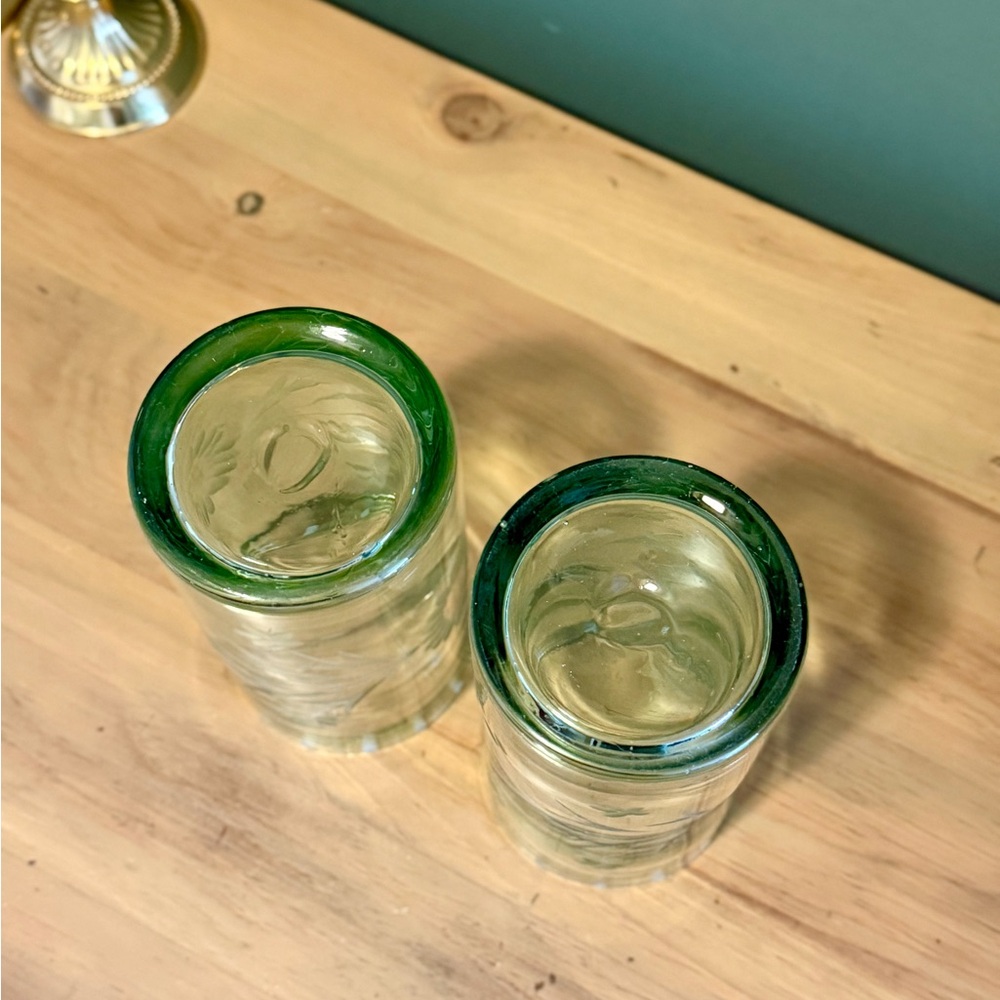 Bobby Flay Green Highball | Etched Floral Glass | Set 2 - Picture 3 of 5